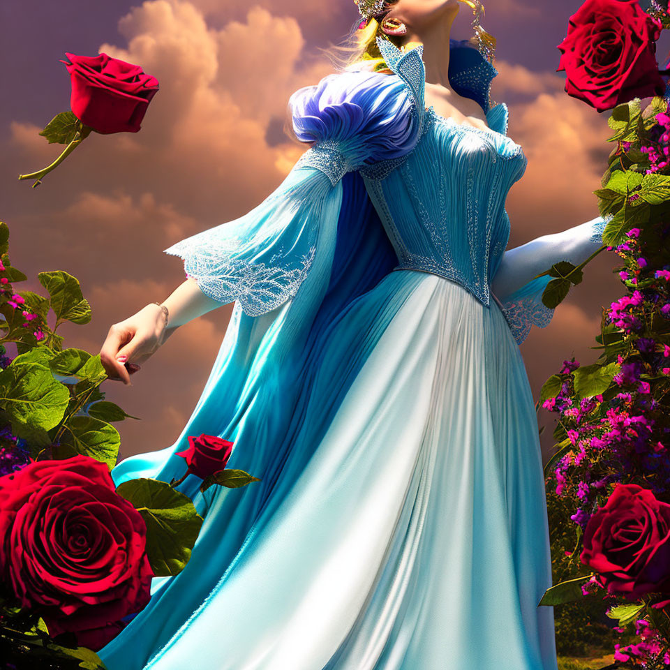 Woman in Blue Dress Surrounded by Rose Bushes and Cloudy Sky