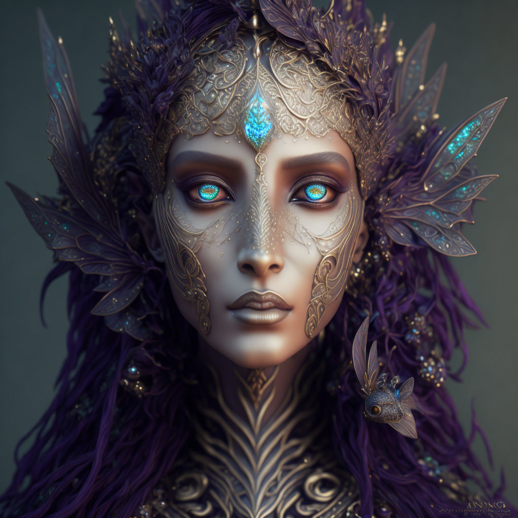 Fantasy digital portrait of female figure with blue eyes and ornate headgear