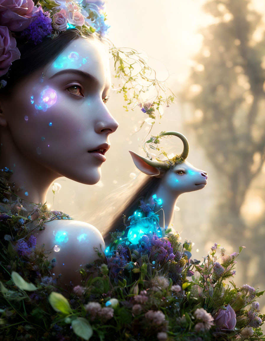 Fantastical portrait of woman with luminescent skin and ethereal deer in misty forest.