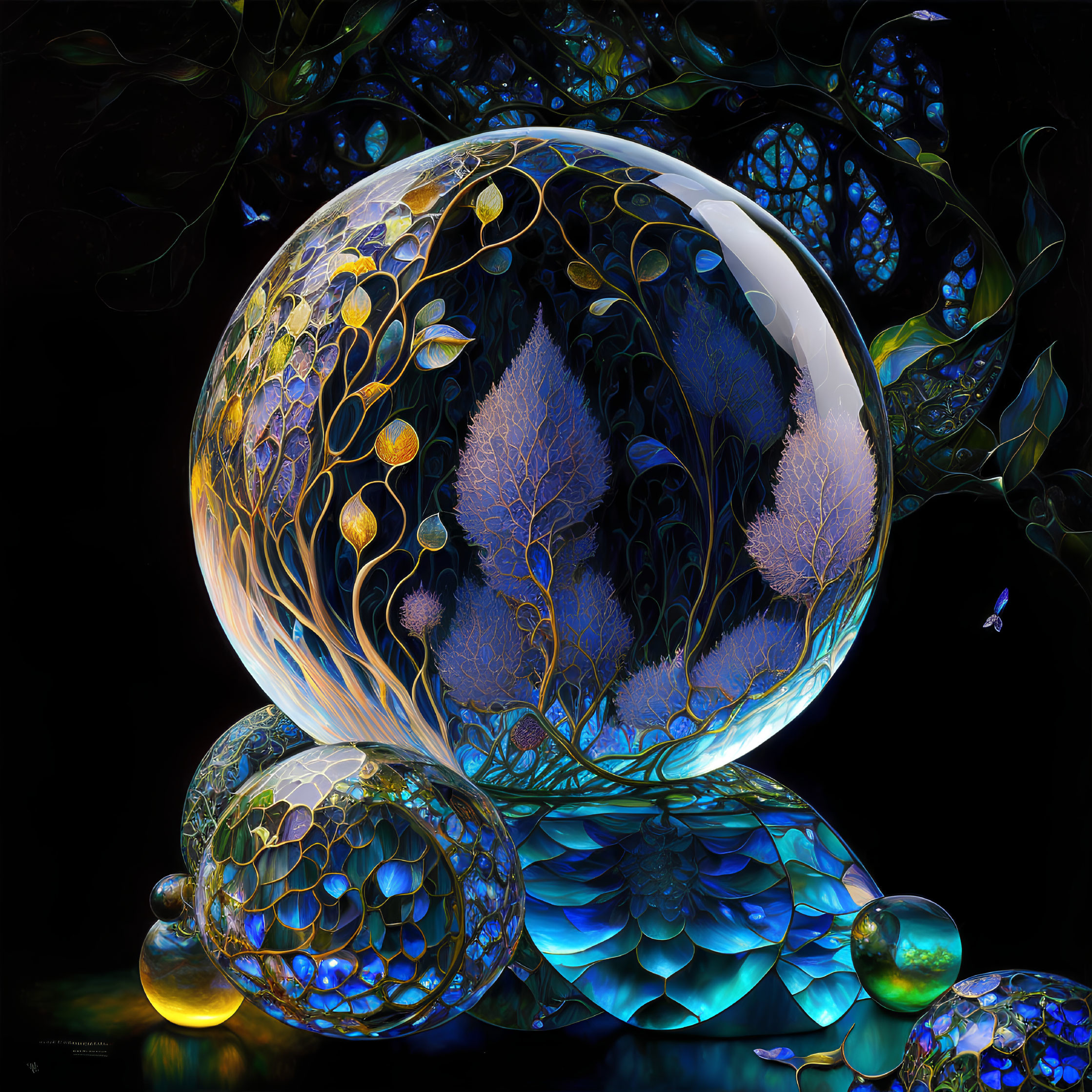 Colorful digital artwork: Transparent sphere with blue and gold patterns, surrounded by orbs and butterflies on dark