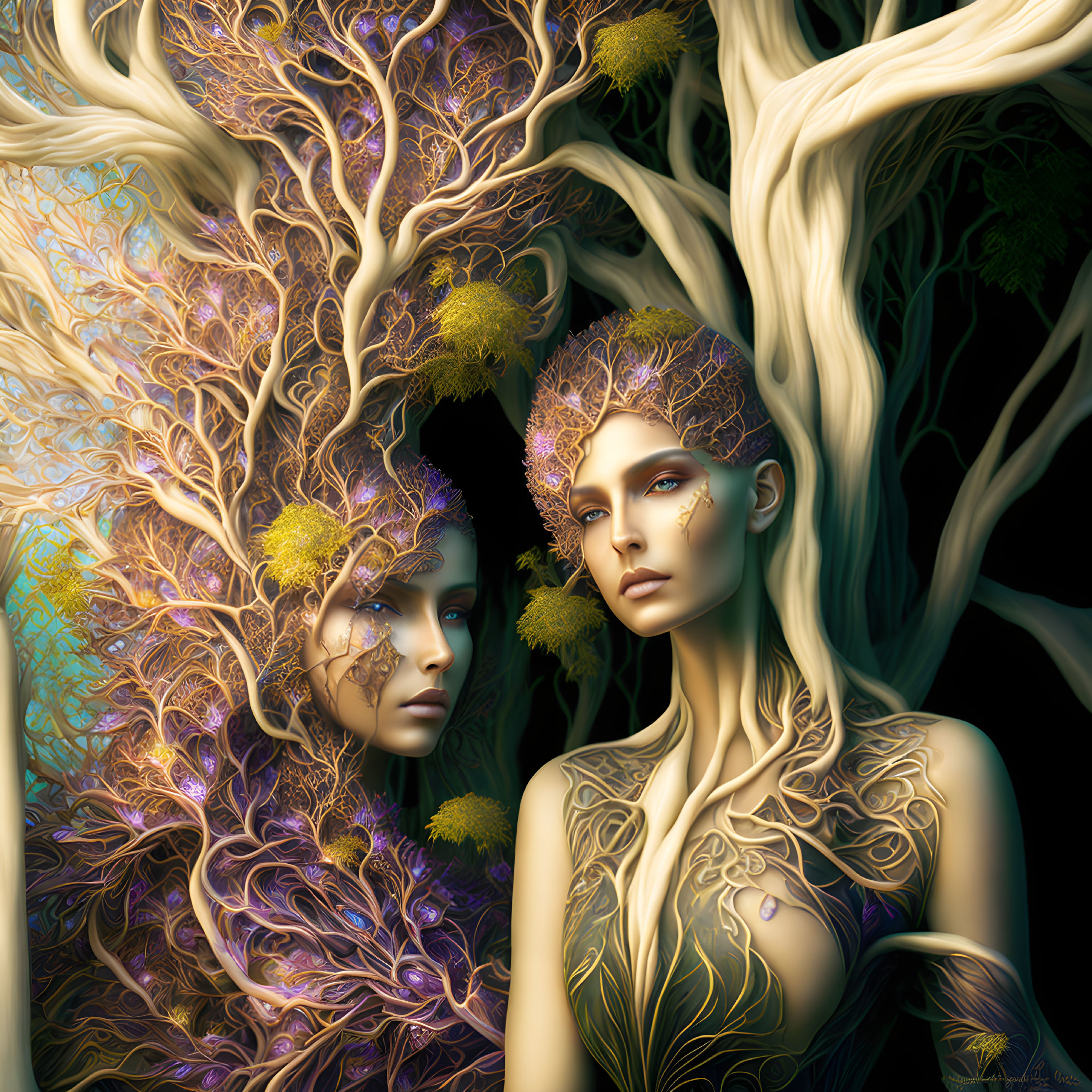 Mystical human-like figures with tree branch features on dark background