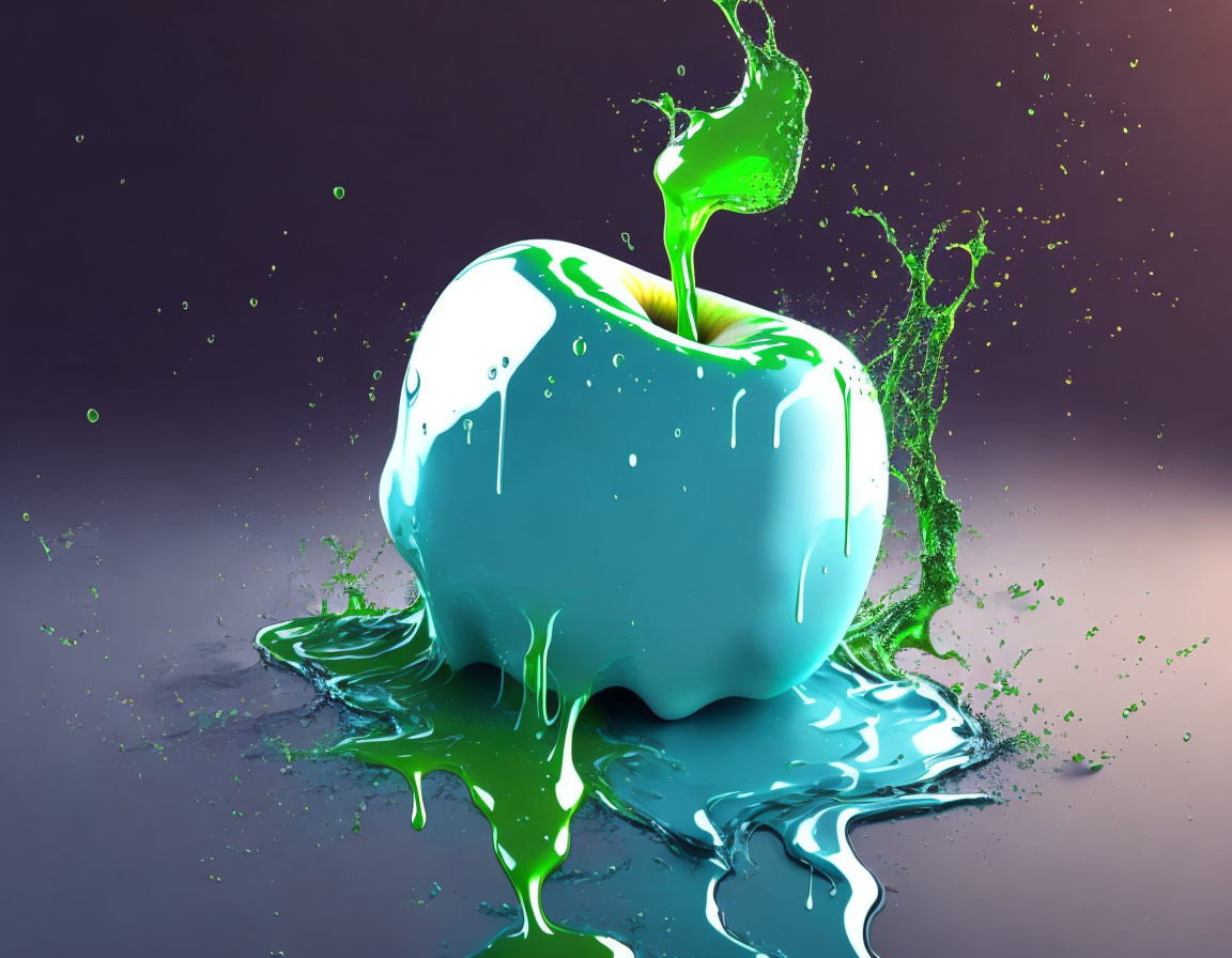 Vivid teal apple with green liquid splash on dark purple background