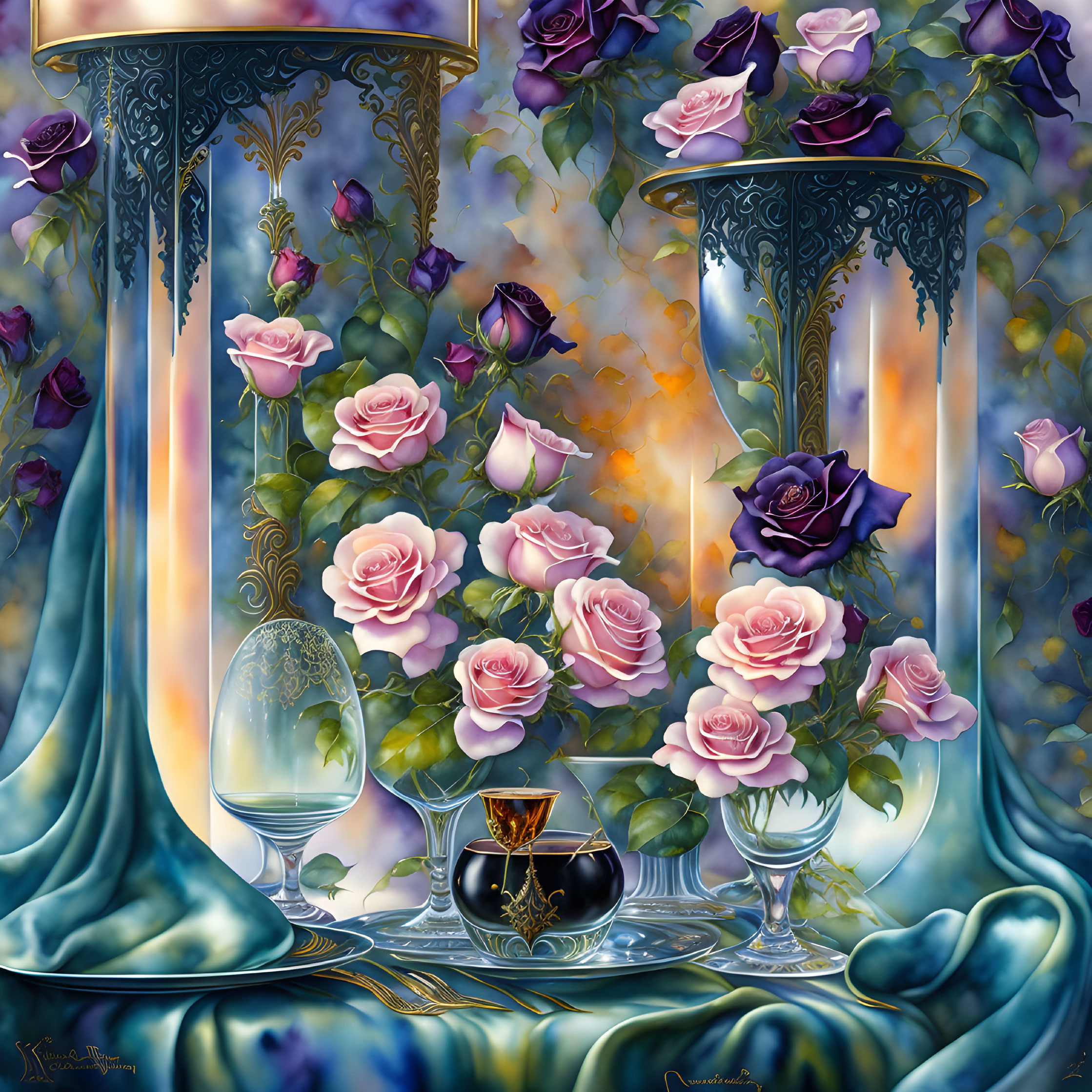 Fantasy setting with wine glass, bottle, roses in pink and purple