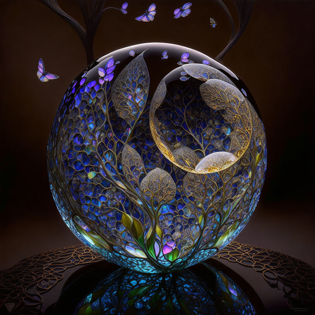 Intricate digital art: spherical object with lace patterns and butterflies on dark reflective background