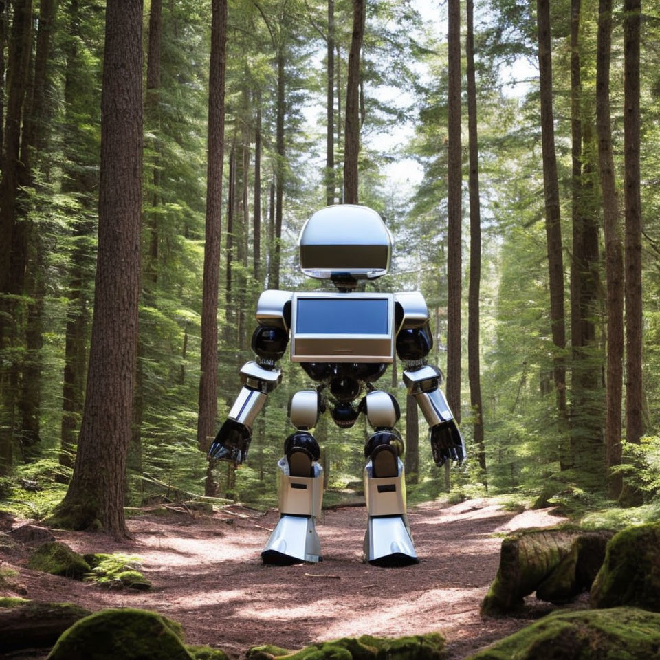 Futuristic humanoid robot in sunlit pine forest