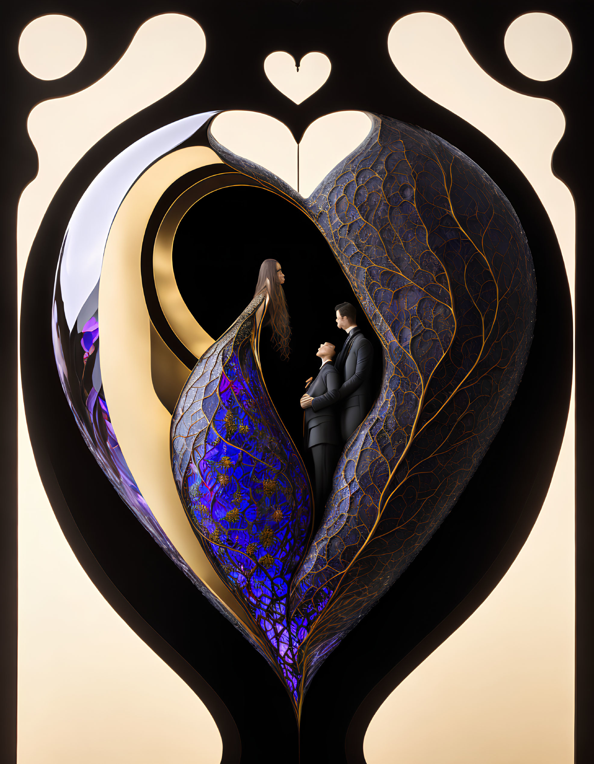 Surreal image of couple embracing in metallic heart on black background