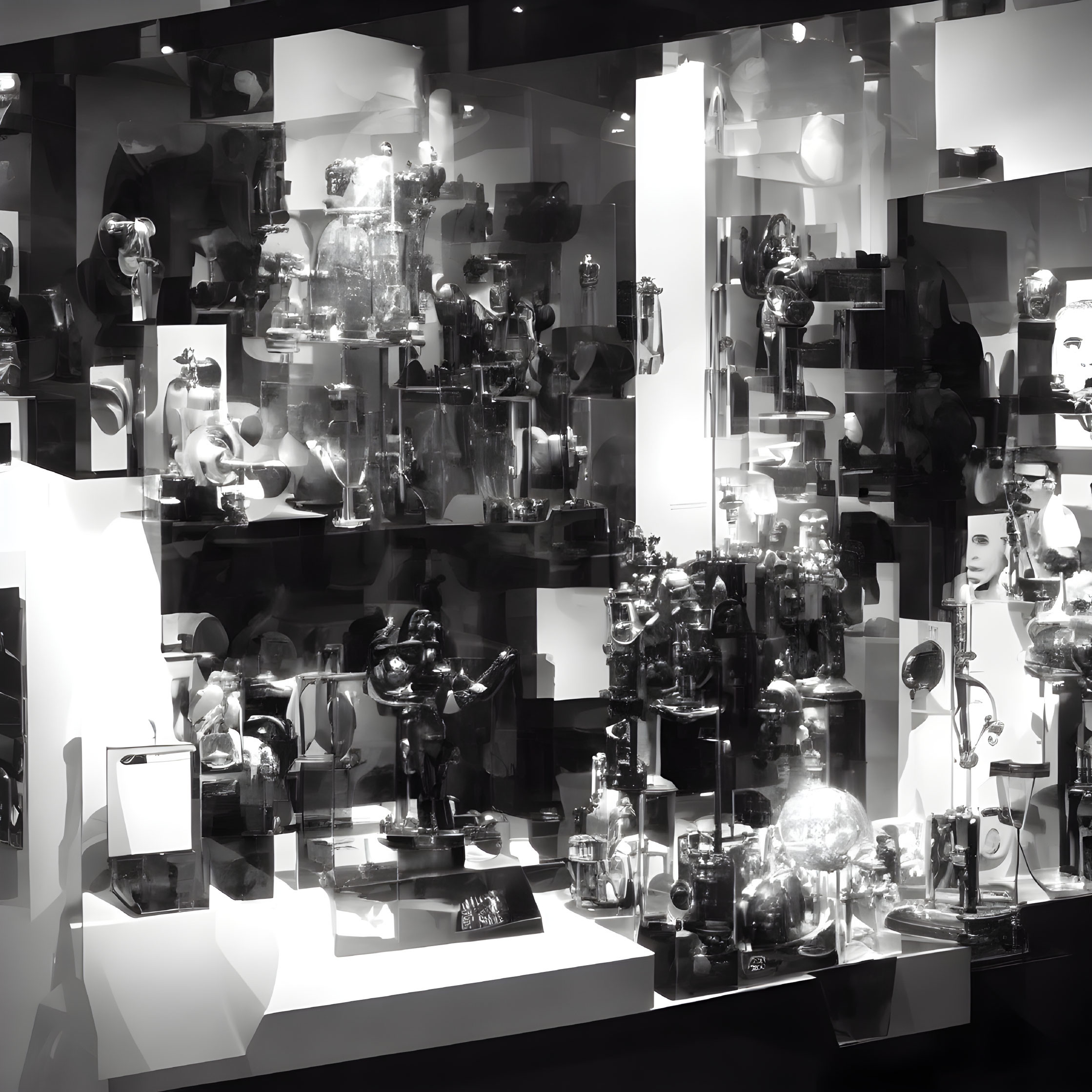 Monochrome display window with sculptures, busts, and reflections