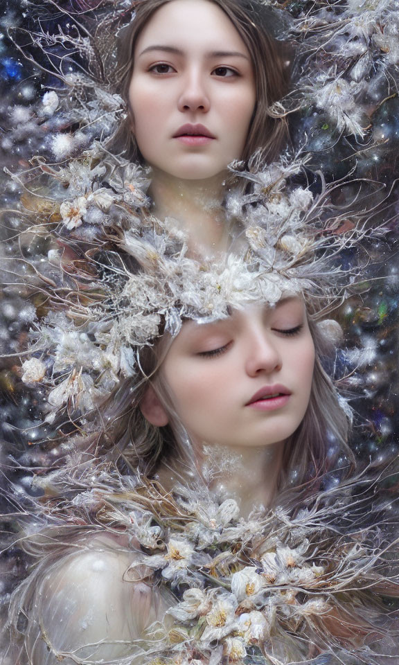 Two serene women with frosty seed-like elements, creating an ethereal winter scene.