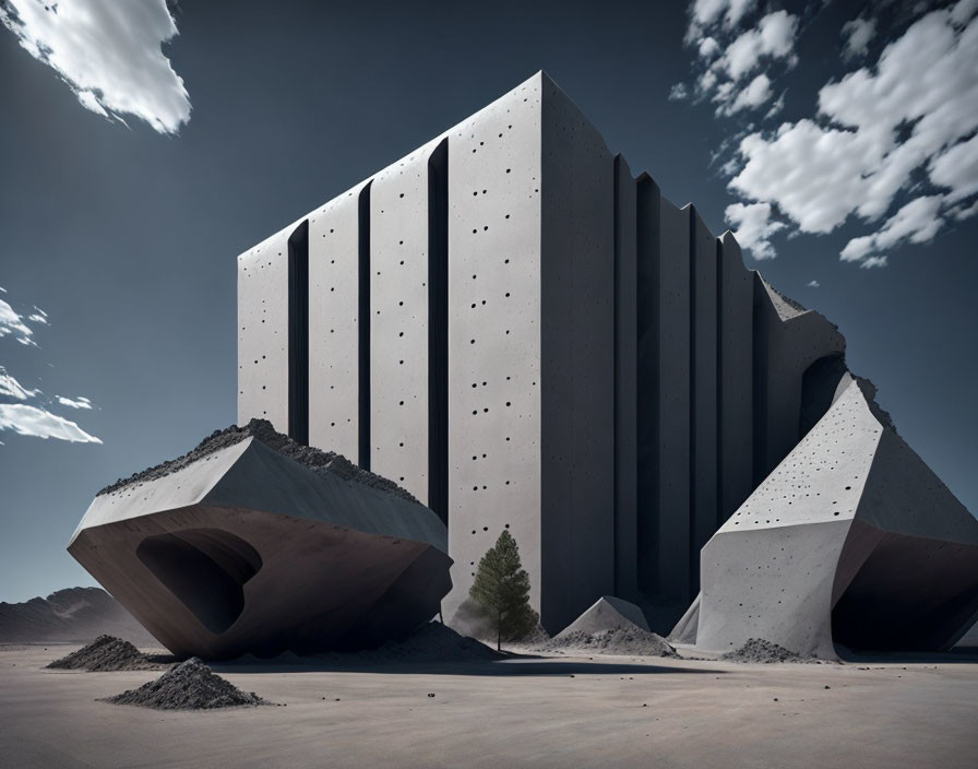 Futuristic monolithic building and rock formation in desert landscape