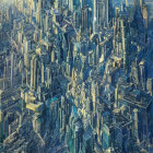 Futuristic cityscape with skyscrapers and flying vehicles