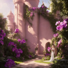 Woman in Pink Dress and Tiara Surrounded by Lush Greenery and Purple Flowers