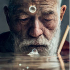 Elderly man with white hair wearing ornate golden mask and holding brush