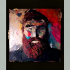 Colorful abstract portrait of a bearded man with bold brush strokes on black background