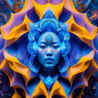 Symmetrical fractal-like digital artwork in vibrant blues and oranges