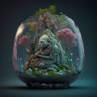 Tranquil terrarium with Buddha statue, pink trees, and floating butterflies