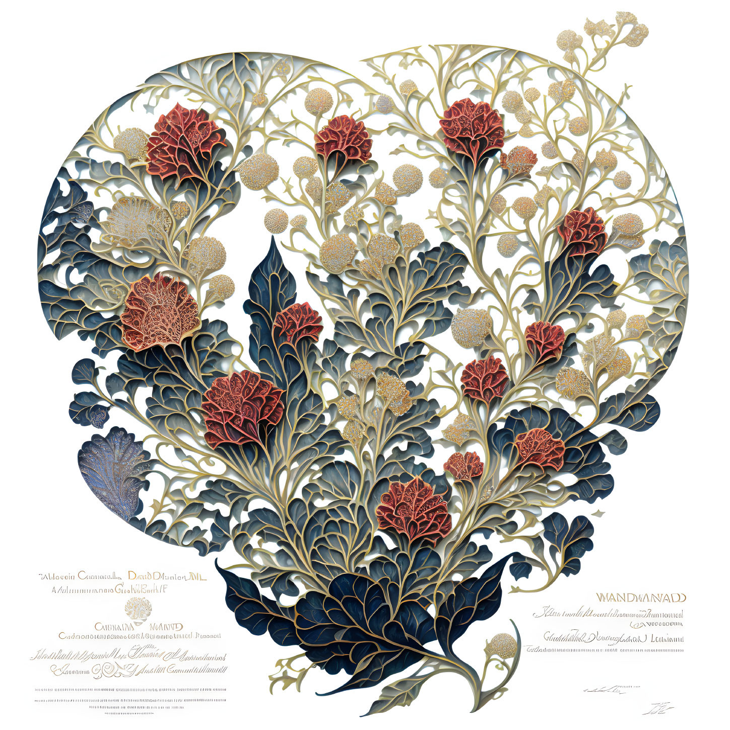 Detailed botanical art: Heart-shaped floral design with red flowers, gold accents, blue leaves on white.