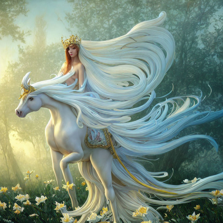 Red-haired woman with golden crown riding white unicorn in misty forest