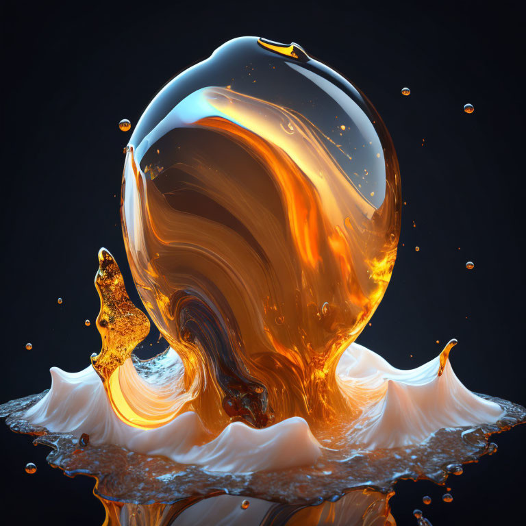 Golden liquid droplets in spherical splash on dark background