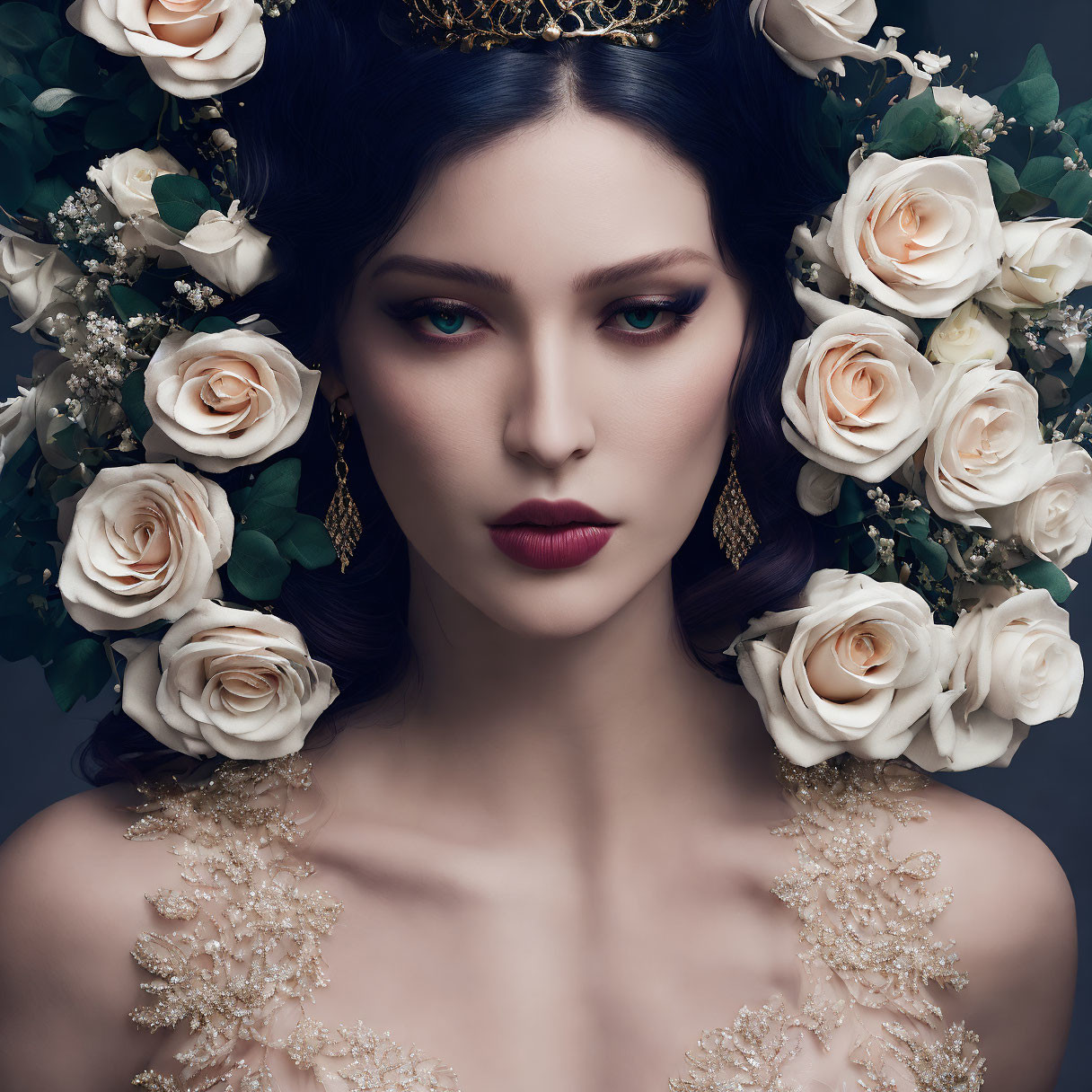 Woman with Floral Crown and Gold Accents, Elegant Look with Deep Red Lipstick