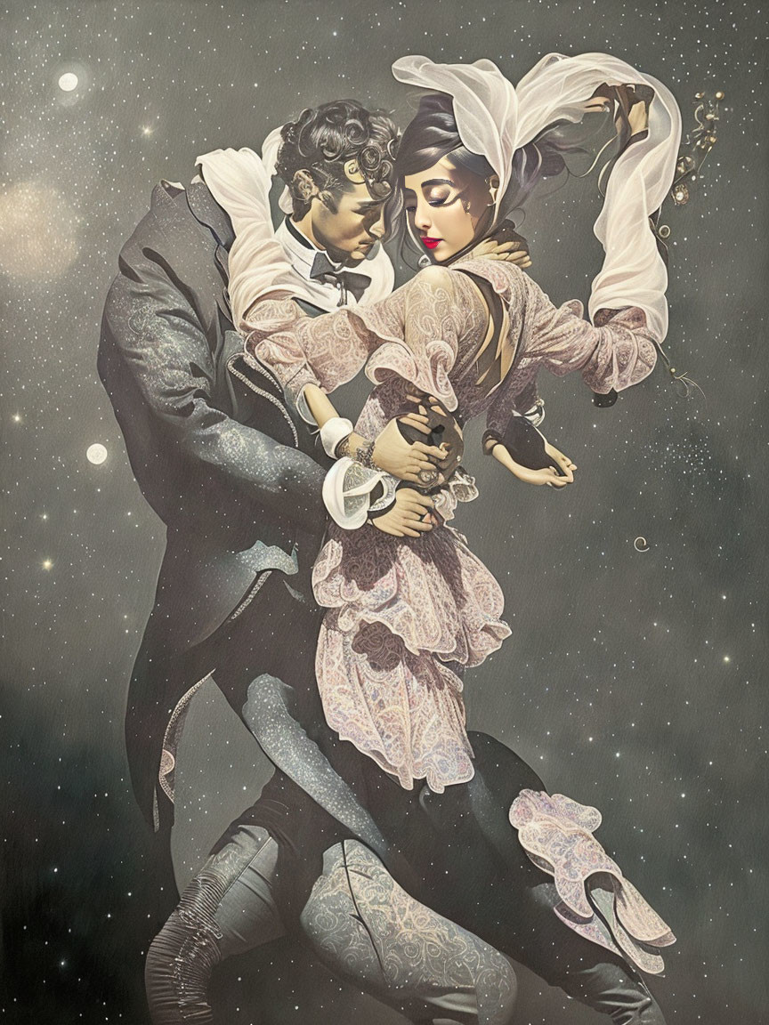 Romantic couple in vintage clothing embrace in starry space