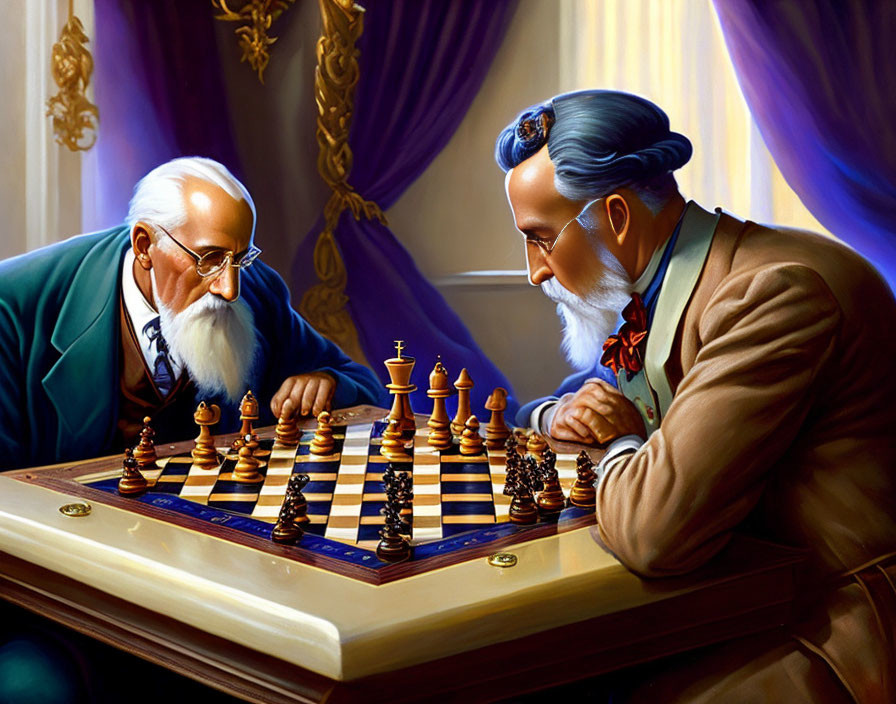 Vintage-styled gentlemen playing chess in a room with purple curtains