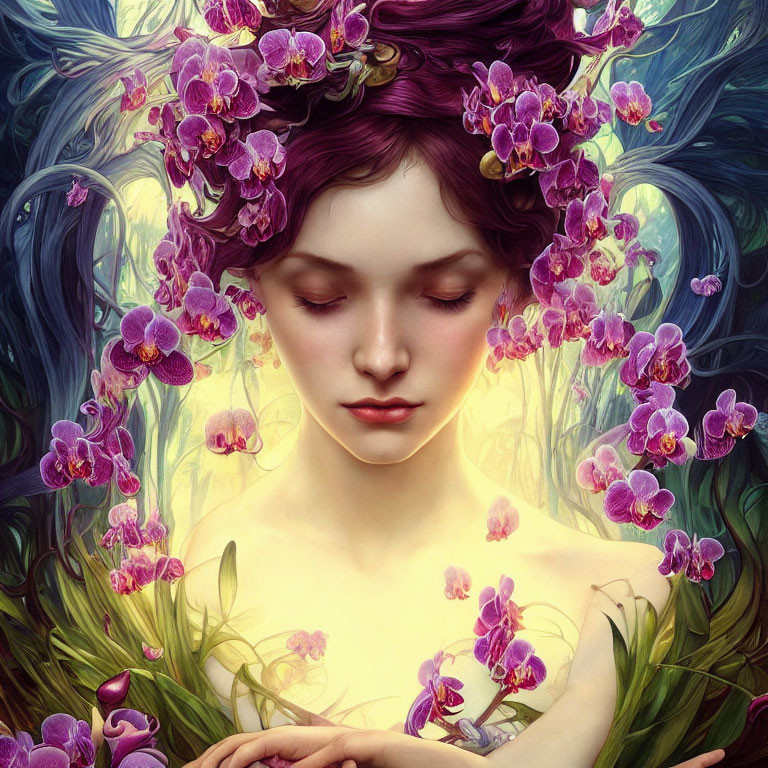 Woman with Purple Orchid Crown in Lush Green Setting