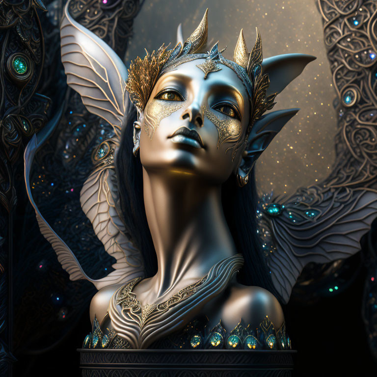 Fantasy digital artwork: Female figure with pointed ears and golden headgear on ornate dark background