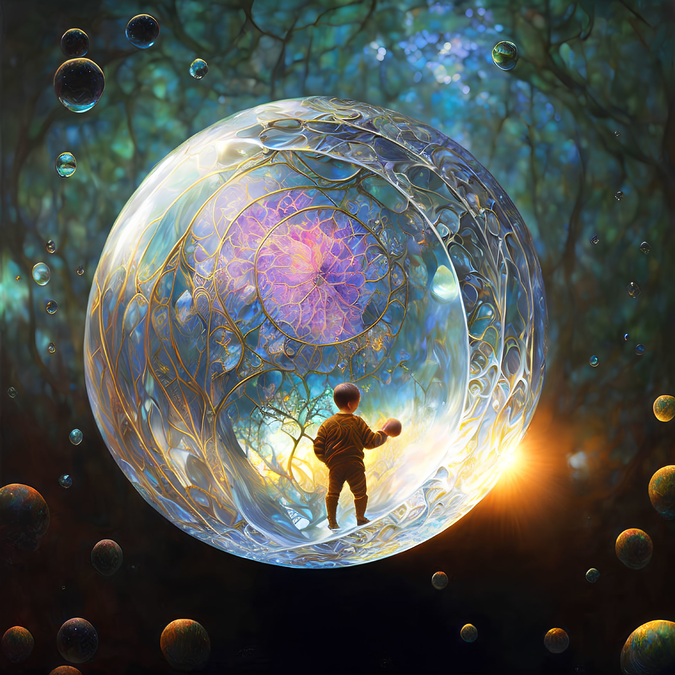 Child Reaching Out to Large Patterned Bubble in Dreamy Forest