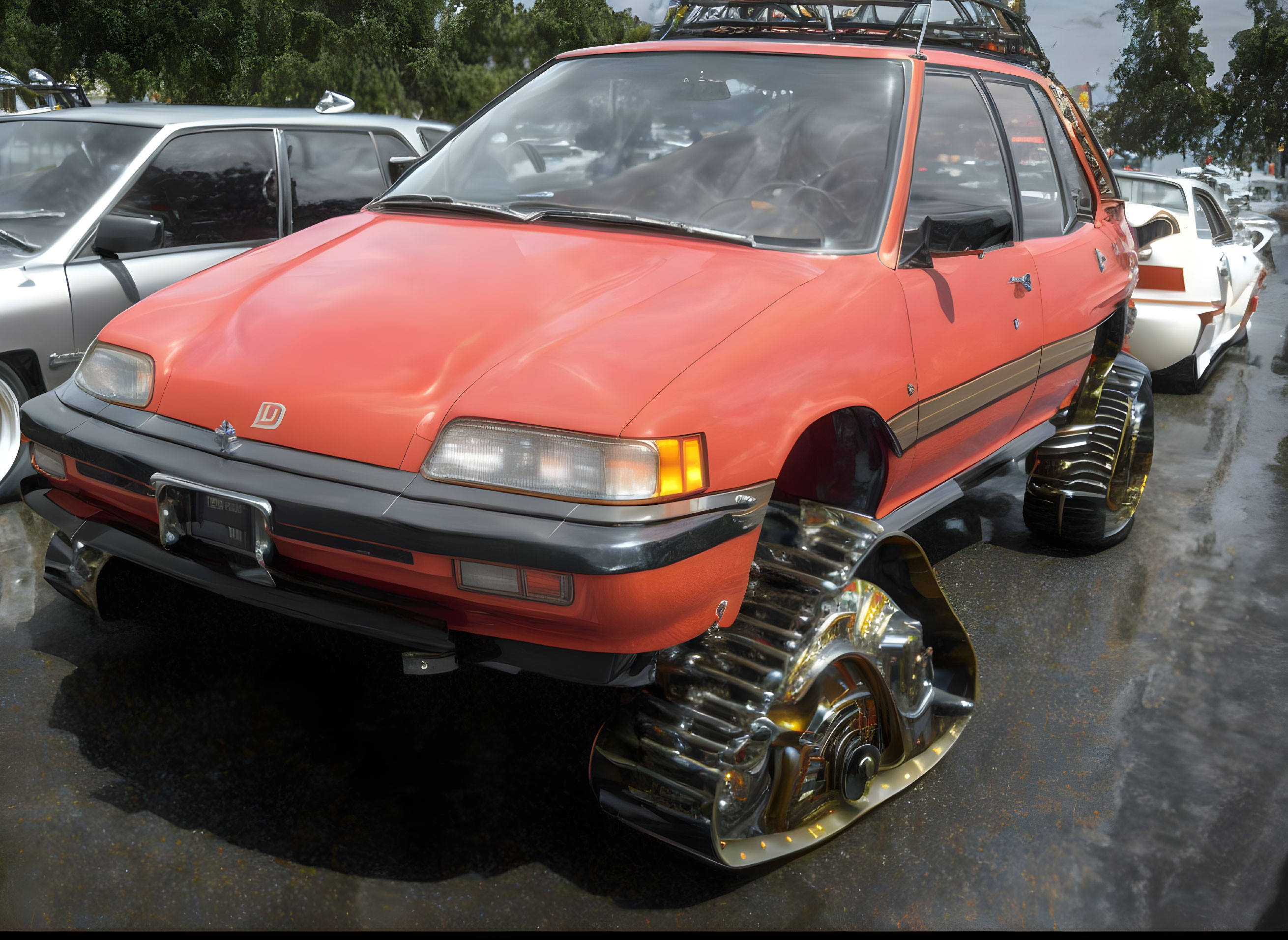 Red Car with Gold Tank Tracks Parked in Lot Under Cloudy Skies