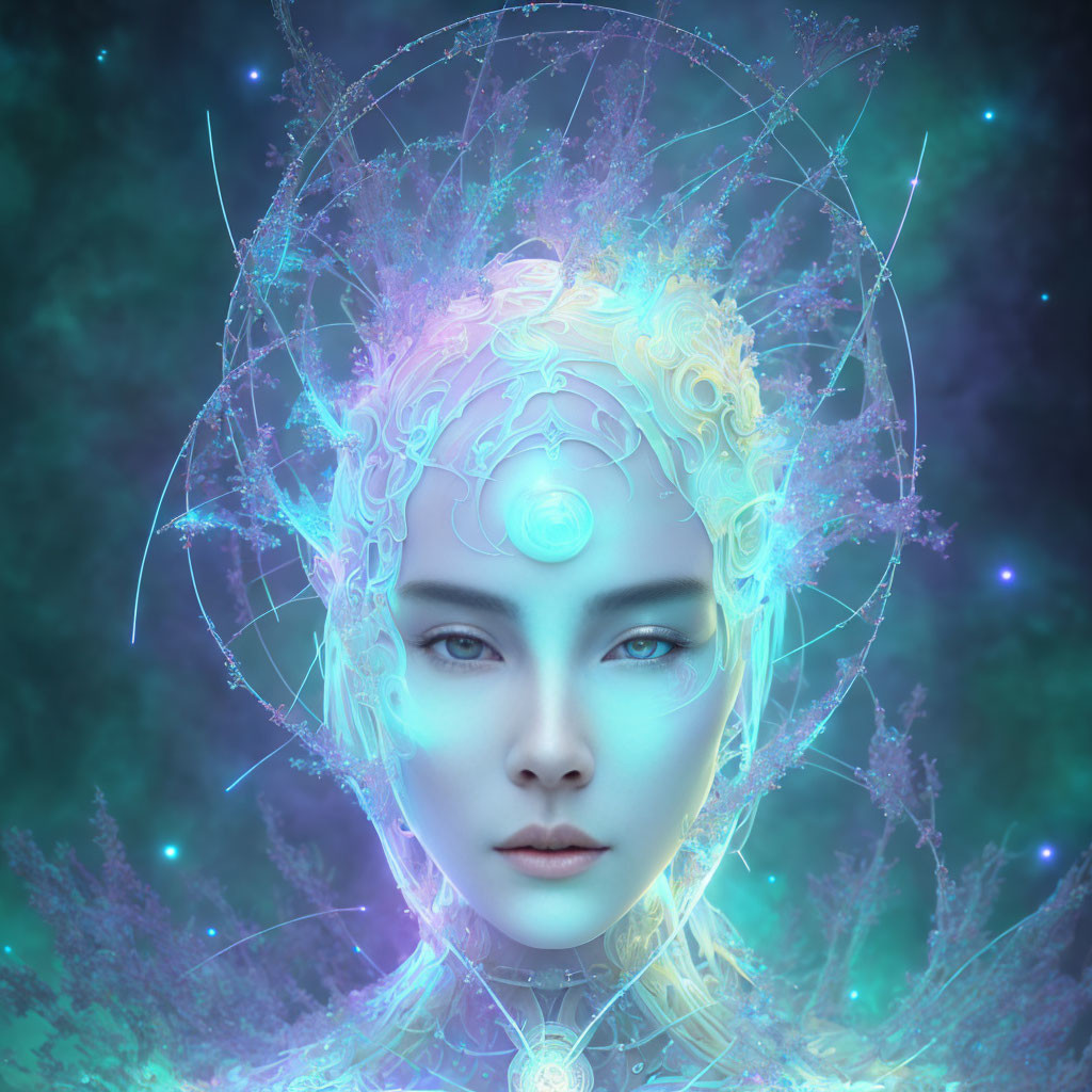 Digital portrait of a woman with glowing embellishments and intricate headpiece in celestial setting