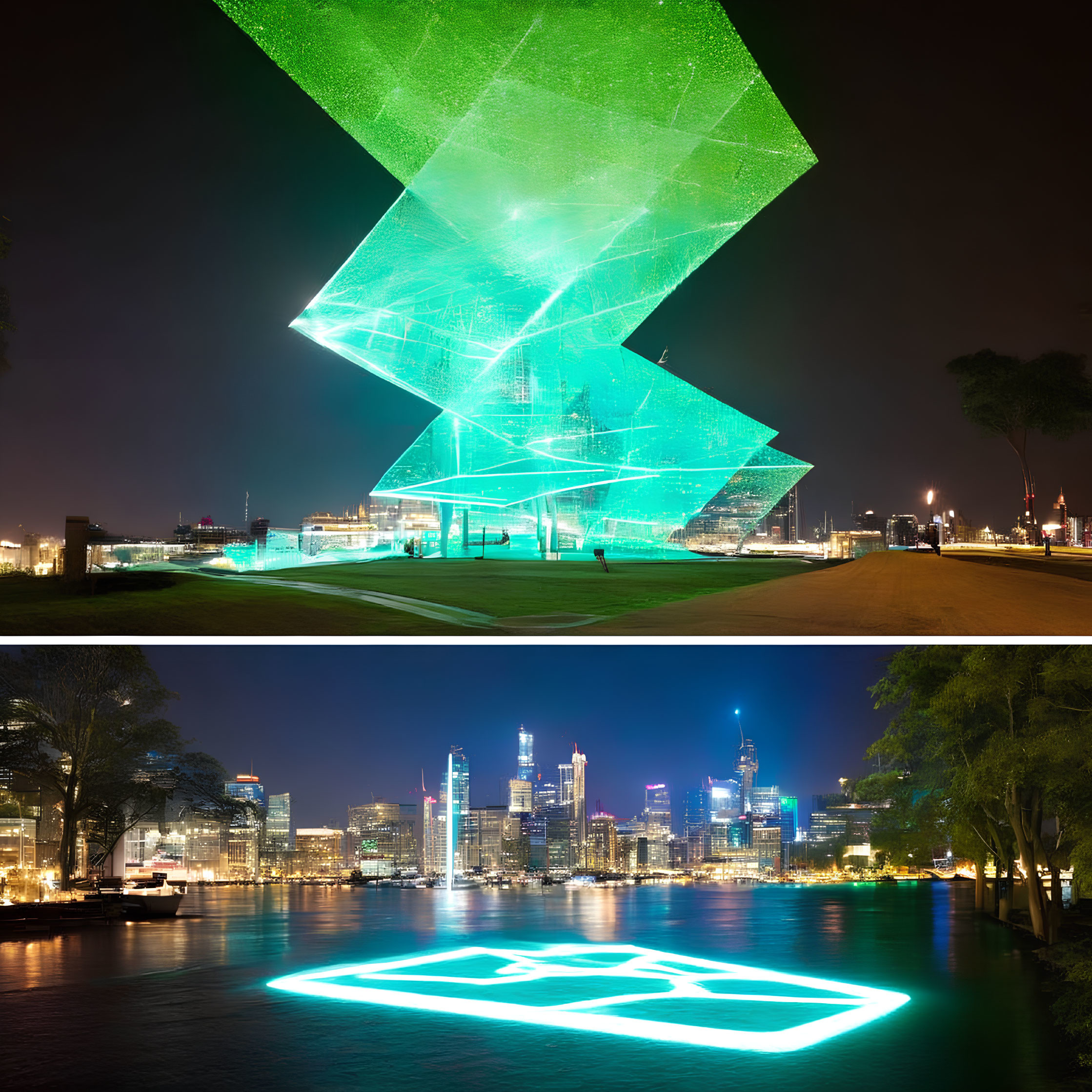 Geometric Sculpture and City Skyline Reflecting in Night Sky