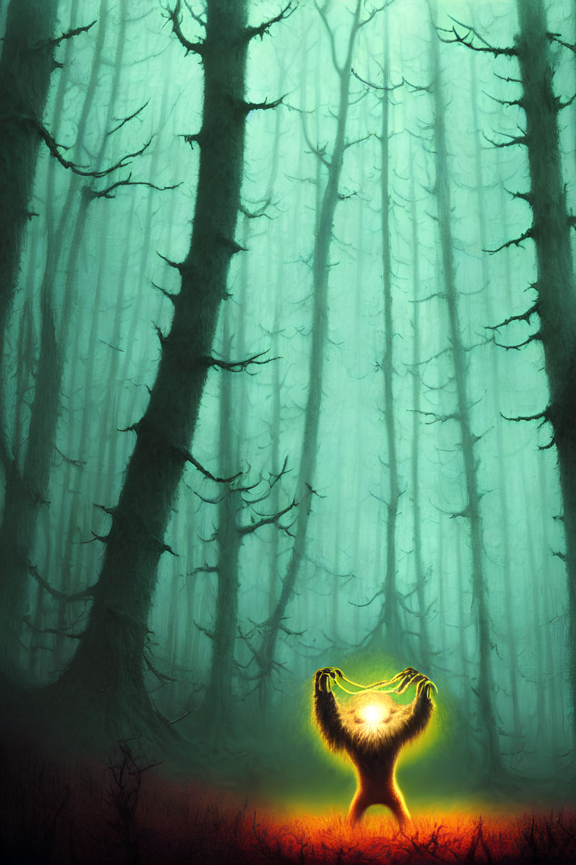 Enchanted forest with foggy trees and glowing creature holding bright orb