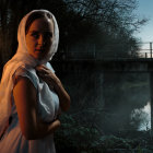 Surreal image of woman with oversized head by pond at dusk