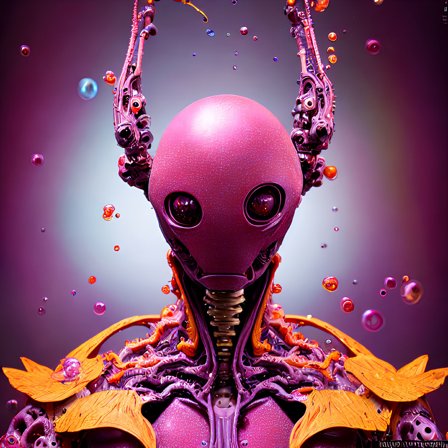 Colorful digital artwork of alien-like creature with purple head and tentacles