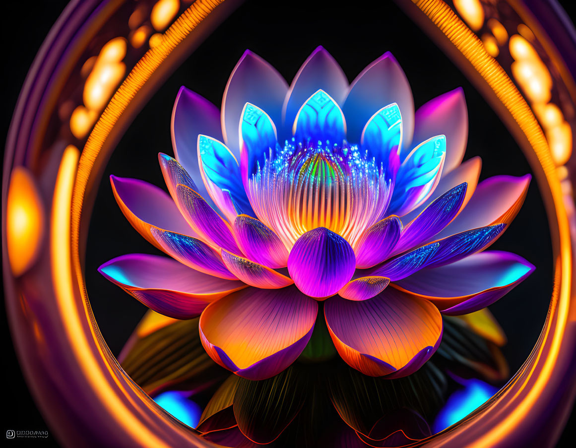 Neon lotus flower artwork with blue and purple hues on dark background