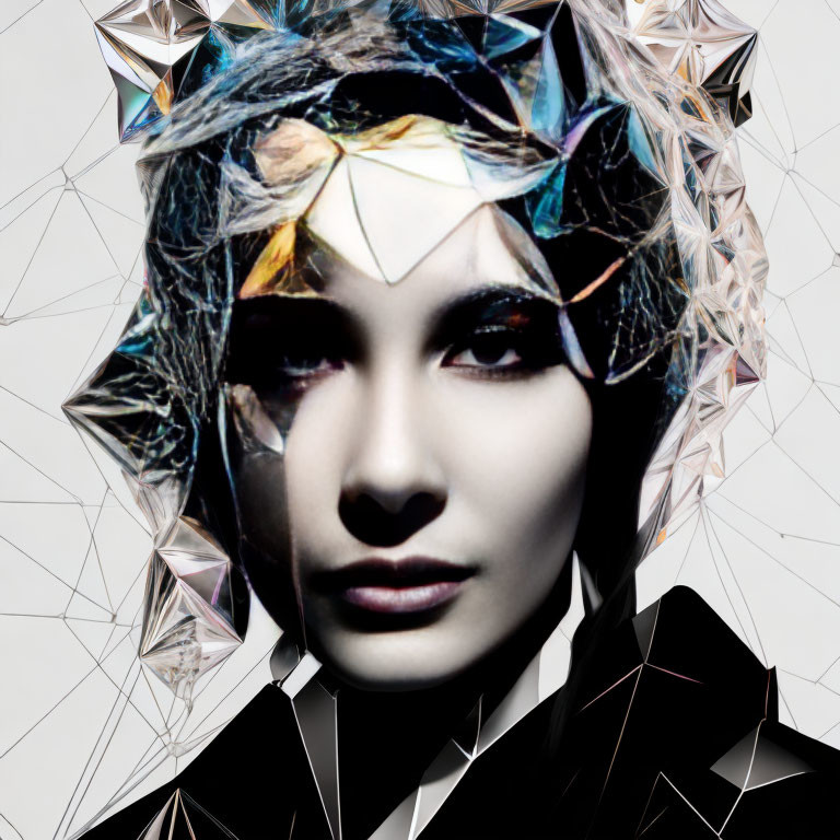 Dark-haired woman with captivating gaze and geometric crystal-like shapes in monochromatic scheme