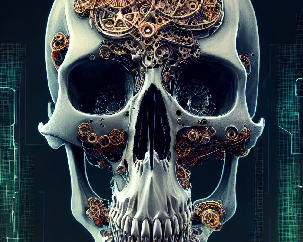 Digital artwork of skull with mechanical gears and cogs on dark background.