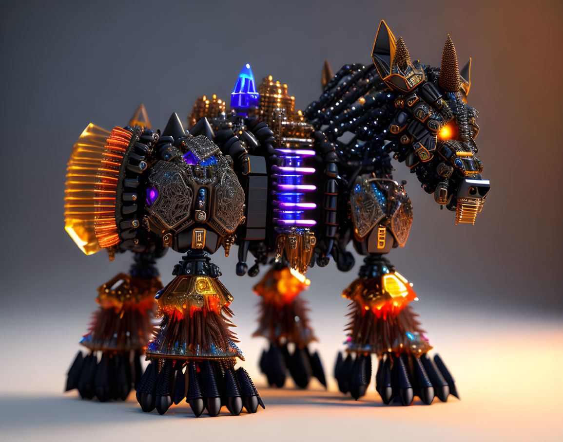 Detailed 3D futuristic armored animal robot with glowing energy cores