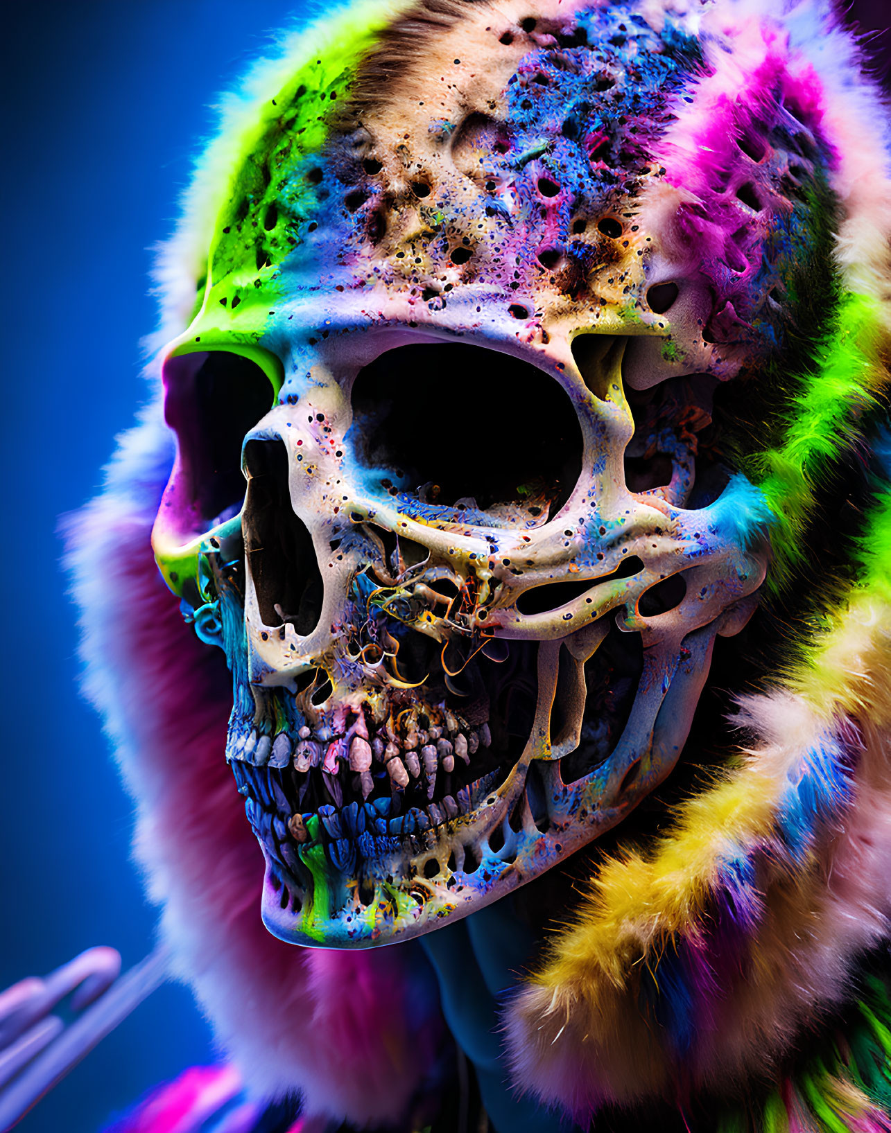 Colorfully Lit Skull with Intricate Textures on Vibrant Background