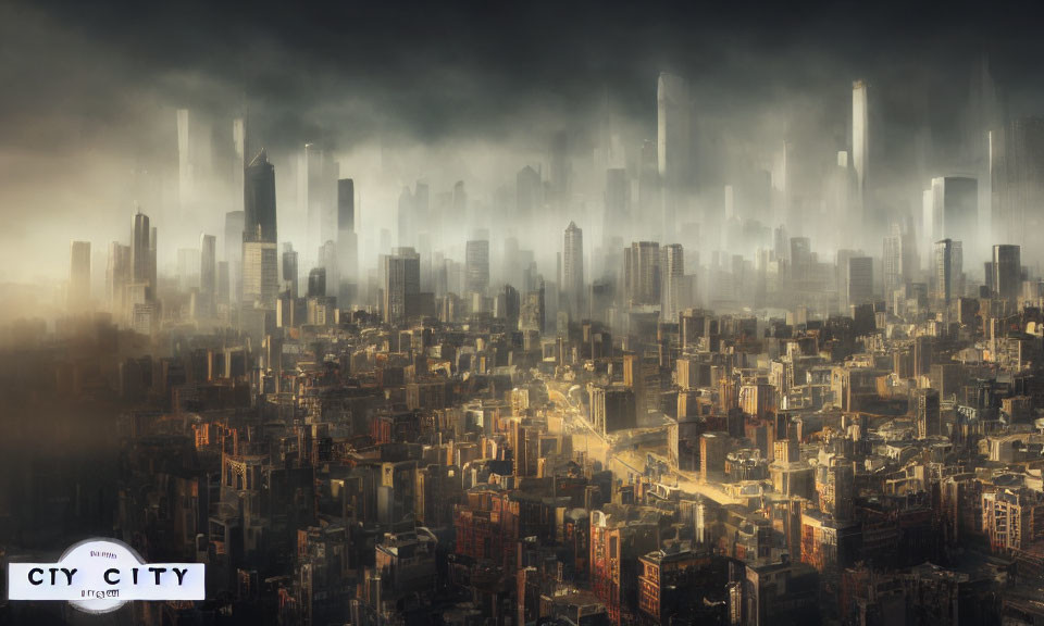 Dystopian cityscape with dense skyscrapers and mist under a dark sky