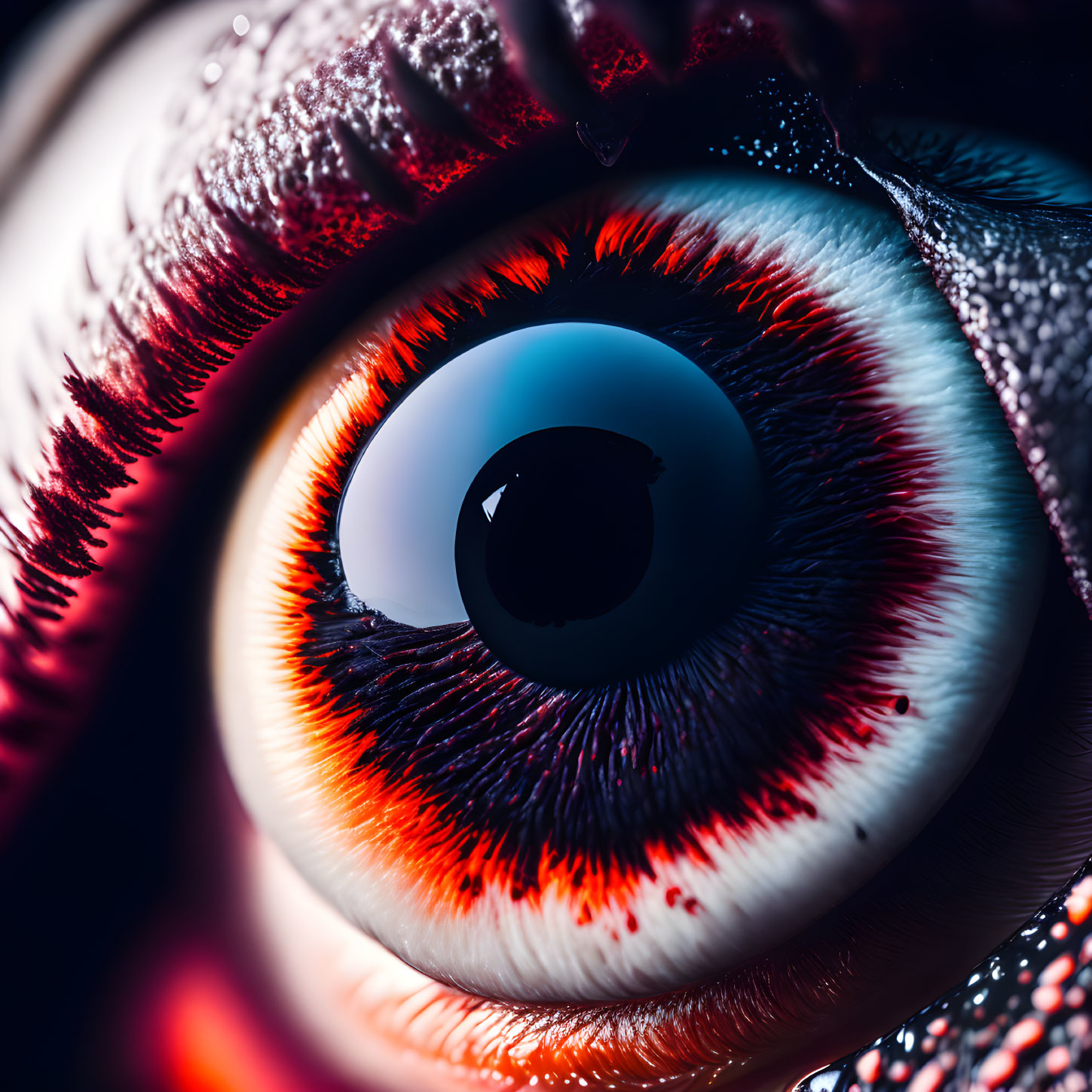 Detailed Close-up of Dilated Pupil and Dramatic Red & White Iris