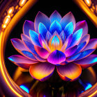 Neon lotus flower artwork with blue and purple hues on dark background