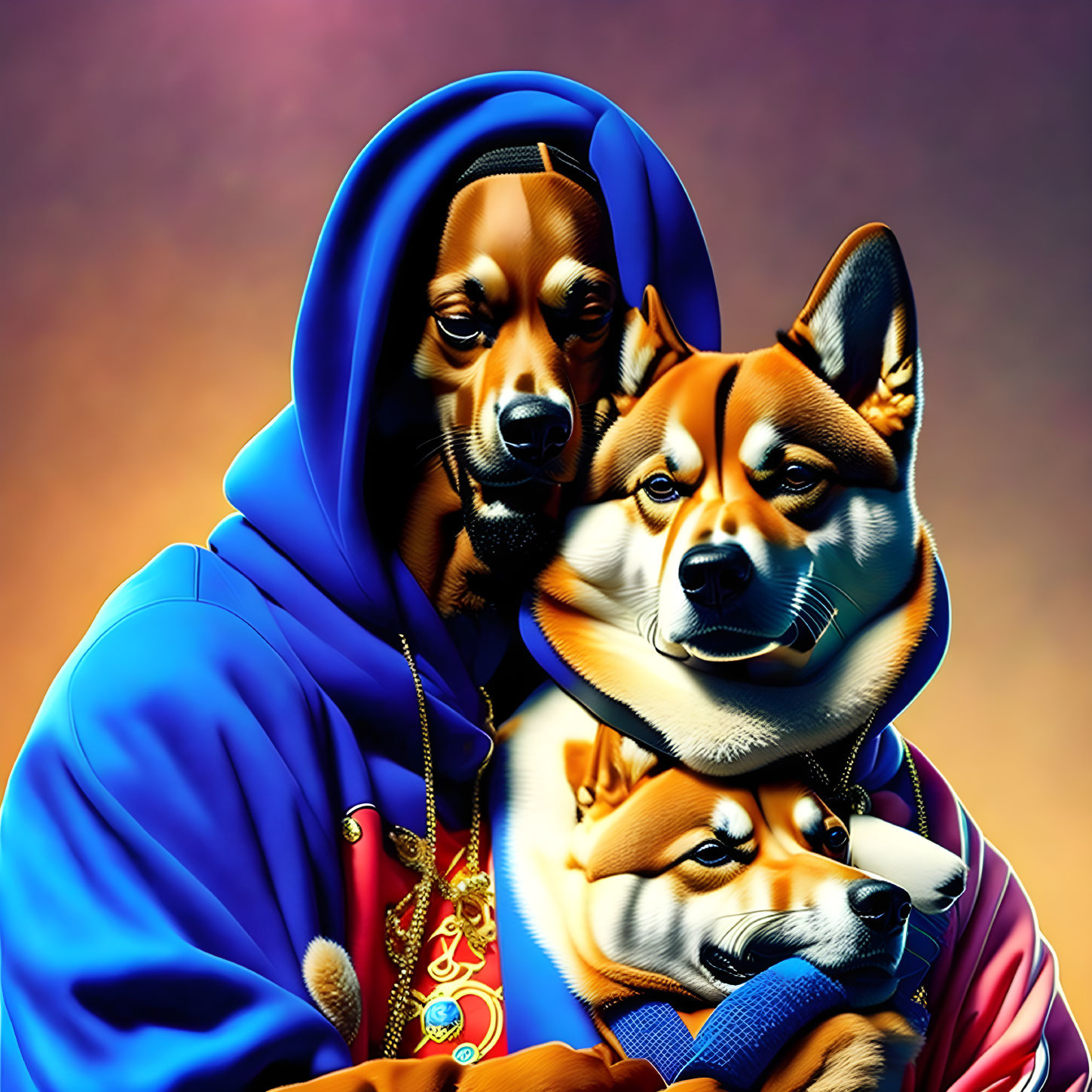 Digital Artwork: Person in Blue Hoodie with Blended Dog Faces