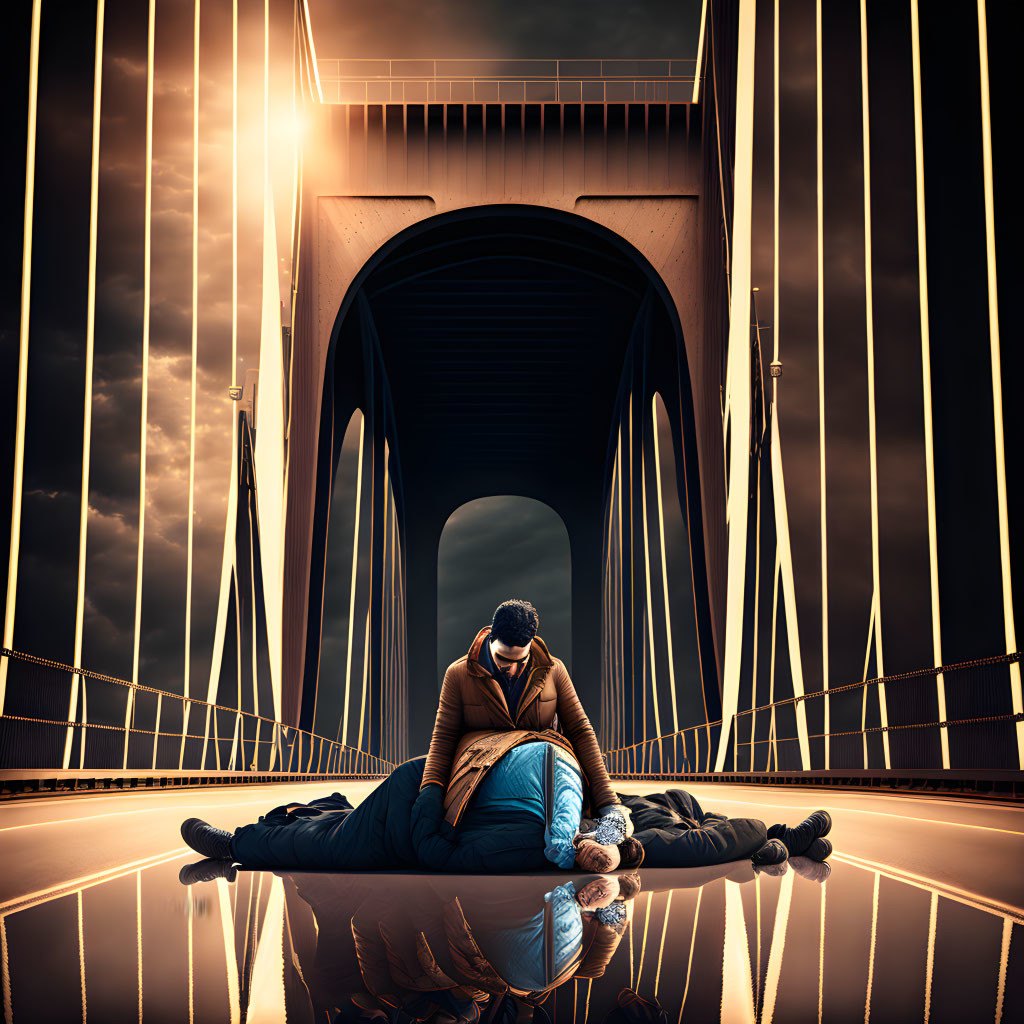 Two people in emotional embrace on a glossy bridge with dramatic lighting