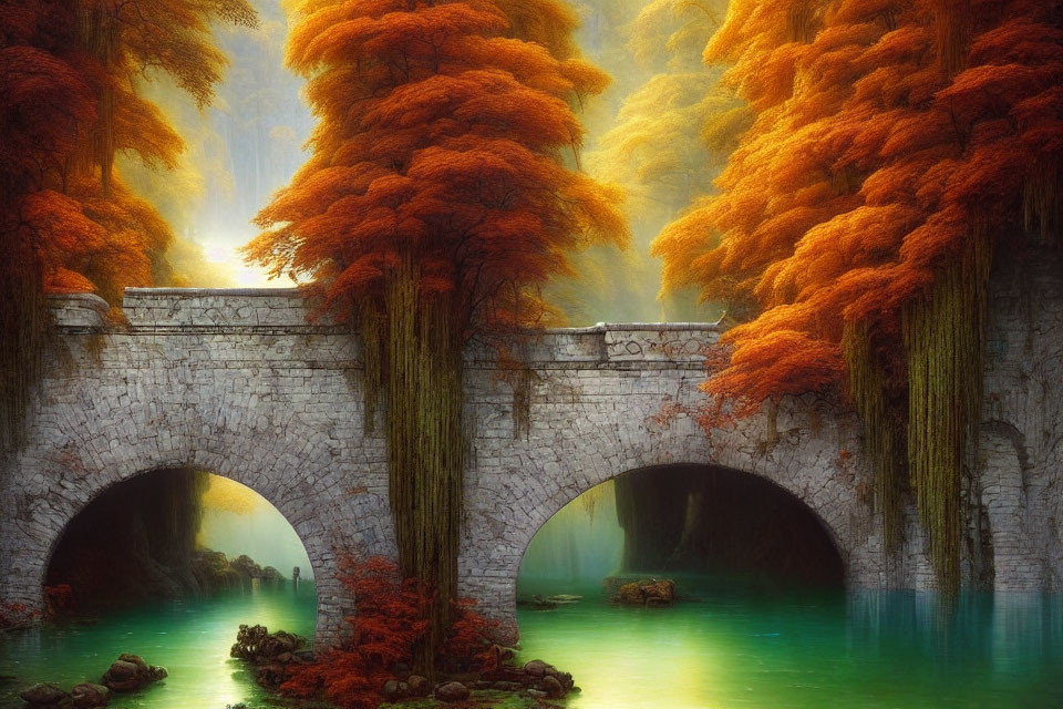 Stone bridge with two arches over green river in misty autumn forest