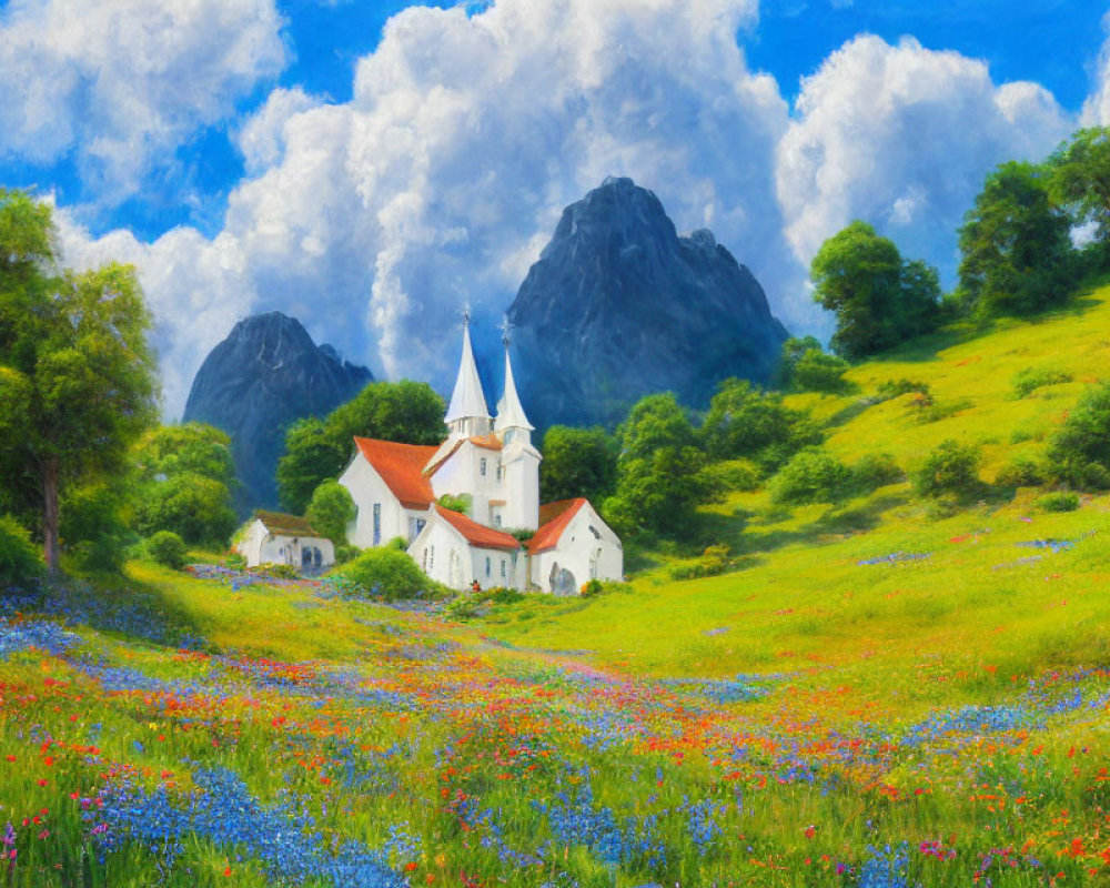 Colorful painting of church in meadow with mountains under cloudy sky