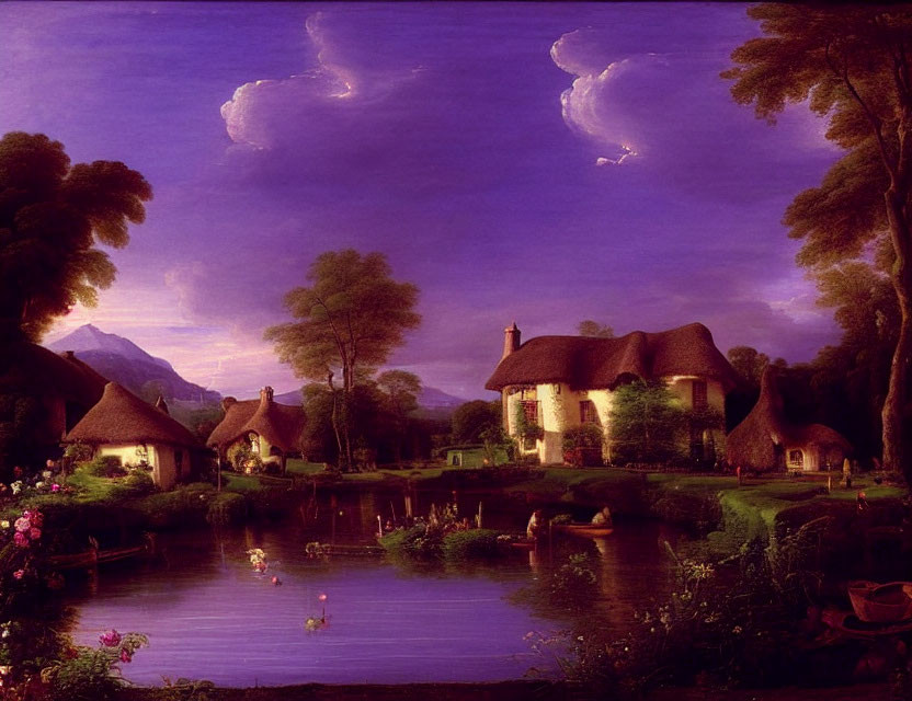 Tranquil countryside scene: Thatched-roof cottages, lake, trees, mountains at dusk