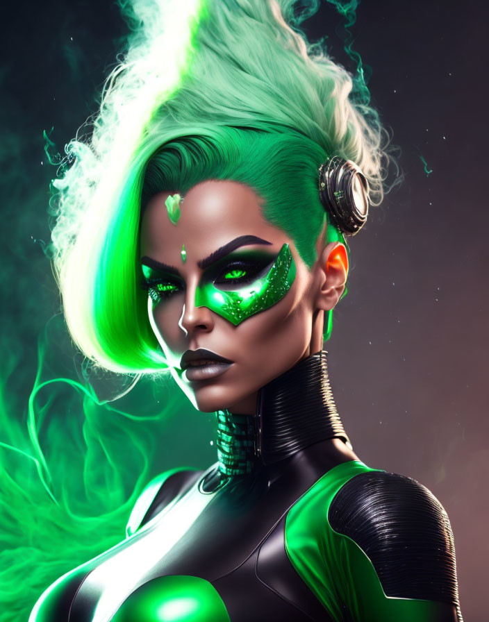 Futuristic woman with glowing green eyes and cybernetic enhancements in dark backdrop