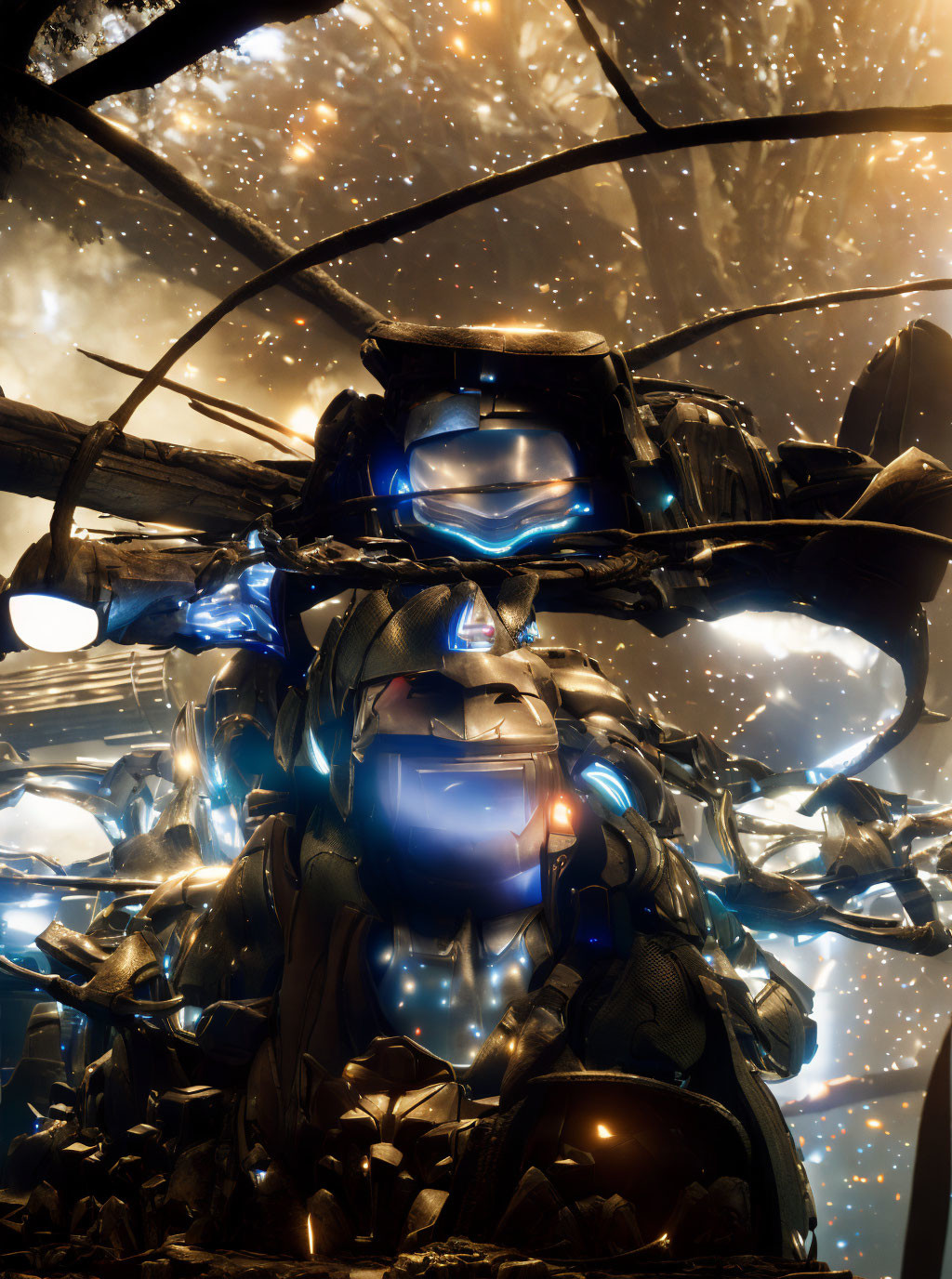 Detailed futuristic robotic figure with glowing blue eyes in fiery explosion backdrop