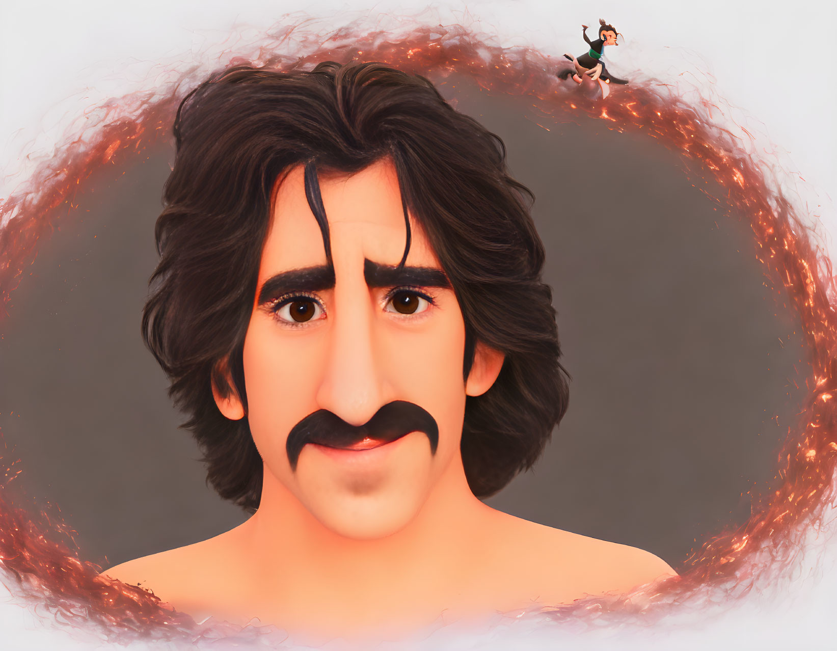 Illustrated character with mustache and wavy hair in fiery circle, small figure on broomstick